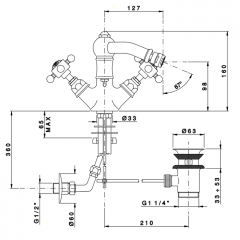 Nicolazzi Half Dome Смеситель для биде с 2мя ручками, на 1 отв., с донным клапаном, излив 127мм, Цвет: OTTONE GREZZO "живой"