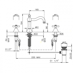 Nicolazzi Nuova Brenta Смеситель для раковины на 3 отверстия, с донным клапаном, излив: 165мм, цвет: бронза