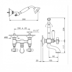 Nicolazzi Dames Anglaises Смеситель настенный для ванны с 2мя ручками, с переключателем ванна/душ, + комплект руч. душа, цвет: хром