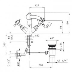 Nicolazzi Dames Anglaises Смеситель для биде с 2мя ручками, на 1 отв., с донным клапаном, излив 127мм, цвет: хром
