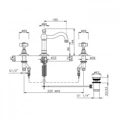 Nicolazzi El Capitan Смеситель для раковины с автоматическим сливом на 3 отверстия, излив: 165 мм, цвет: Bronze Plated