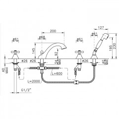 Nicolazzi Nuova Brenta Смеситель на борт ванны на 4 отверстия, с душевой лейкой, излив: 200мм, цвет: натуральная латунь