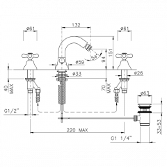 Nicolazzi Nuova Brenta Смеситель для биде на 3 отверстия, с донным клапаном, излив: 132мм, цвет: хром
