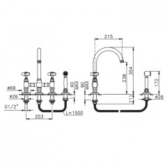 NICOLAZZI EL CAPITAN Смеситель для кухни на 4 отверстия, с вытяжным ручным душем, цвет Gold Brass