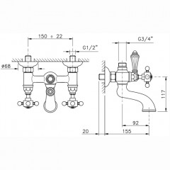 Nicolazzi Dames Anglaises Смеситель для ванны и душа, настенный, с 2мя ручками, на 2 отв., цвет: хром
