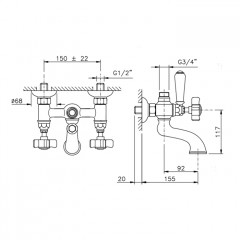 Nicolazzi Dames Anglaises Смеситель для ванны на 2 отверстия, с переключателем ванна/душ, вывод сверху 3/4" (для душ. стойки), цвет: Bronze Plated