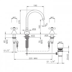 Nicolazzi Nuova Brenta Смеситель для раковины на 3 отверстия, с донным клапаном, высокий поворотный излив: 190мм, цвет: Gold Brass