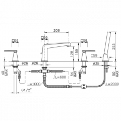 Nicolazzi Vincent Смеситель для ванны на 4 отверстия, с переключателем, изливом 206мм и ручным душем, цвет: хром