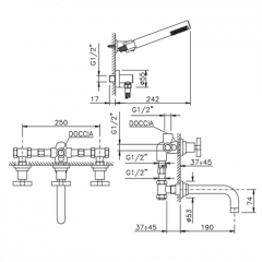 Nicolazzi M.Croce Встраиваемый Смеситель для ванны с 2мя ручками с переключателем ванна/душ, + комплект руч. душа, цвет: хром
