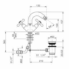 Nicolazzi Nuova Brenta Смеситель для биде с 2мя ручками, поворотный излив: 132мм, с донным клапаном, цвет: бронза