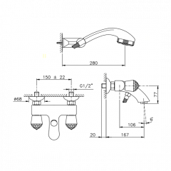 Nicolazzi Cristallo Смеситель для ванны с 2мя ручками, с душевой лейкой, цвет: хром