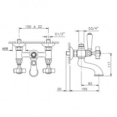 Nicolazzi Dames Anglaises Смеситель для ванны на 2 отверстия, с переключателем ванна/душ, вывод сверху 3/4" (для душ. стойки), цвет: золото
