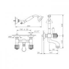 Nicolazzi Onice Смеситель для ванны с 2мя ручками, с переключателем ванна/душ, + комплект руч. душа, цвет: золото