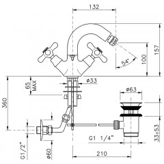 Nicolazzi Nuova Brenta Смеситель для биде с 2мя ручками, поворотный излив: 132мм, с донным клапаном, цвет: Gold Brass