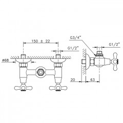 Nicolazzi Nuova Brenta Смеситель для душа с 2мя ручками, вывод сверху 1/2", без душевой лейки, цвет: бронза