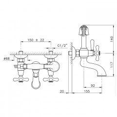 Nicolazzi Nuova Brenta Смеситель для ванны настенный, с 2мя ручками, с душевой лейкой, цвет: тёмная бронза