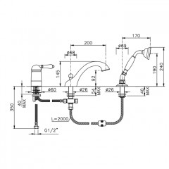 Nicolazzi P.m. Blanc Смеситель на борт ванны на 3 отверстия, с изливом 200мм и ручным душем, ручки белая керамика, цвет: бронза