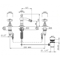 Nicolazzi Dames Anglaises Смеситель для биде на 3 отверстия, с донным клапаном, излив: 127мм, цвет: хром