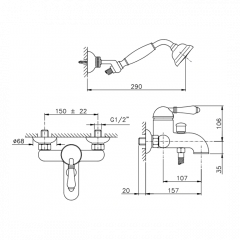 Nicolazzi P.m. Blanc Смеситель для ванны однорычажный, настенный, с ручным душем, ручки белая керамика, цвет: хром