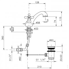 Nicolazzi Nuova Brenta Смеситель для раковины на 1 отверстие, излив: 128мм, с донным клапаном, цвет: Gold Brass