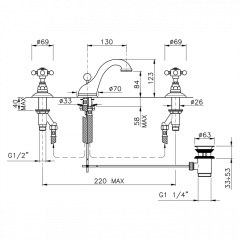 Nicolazzi Half Dome Crystal Смеситель для раковины с автоматическим сливом на 3 отверстия, излив: 130 мм, цвет: хром