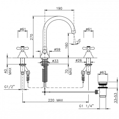 Nicolazzi Nuova Brenta Смеситель для раковины на 3 отверстия, с донным клапаном, высокий поворотный излив: 190мм, цвет: бронза