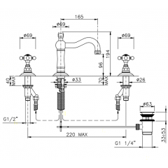 Nicolazzi Half Dome Смеситель для раковины на 3 отверстия, с донным клапаном, цвет: тёмная бронза