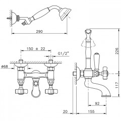 Nicolazzi Half Dome Смеситель для ванны с душем duplex настенный на 2 отверстия, излив: 155 мм, цвет: хром