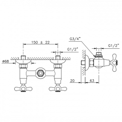 Nicolazzi Nuova Brenta Смеситель для душа с 2мя ручками, вывод сверху 1/2", без душевой лейки, цвет: Gold Brass
