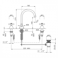 Nicolazzi Nuova Brenta Смеситель для раковины на 3 отверстия, с донным клапаном, высокий поворотный излив: 190мм, цвет: хром