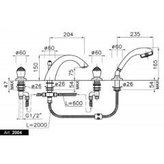 Nicolazzi Cristallo Смеситель для ванны на 3 отверстия, с переключателем, изливом 223мм и ручным душем, цвет: золото