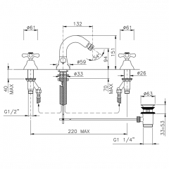 Nicolazzi Nuova Brenta Смеситель для биде на 3 отверстия, с донным клапаном, излив: 132мм, цвет: бронза