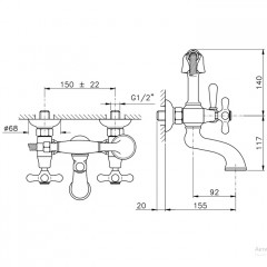 Nicolazzi Nuova Brenta Смеситель для ванны с 2мя ручками, настенный, с душевой лейкой, цвет: Gold Brass