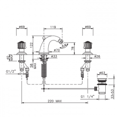Nicolazzi Onice Смеситель для биде на 3 отвертствия с донным клапаном, излив: 119 мм, цвет: хром