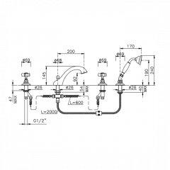 Nicolazzi Dames Anglaises Смеситель для ванны на 4 отверстия, с переключателем, изливом 200мм и ручным душем, цвет: хром