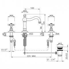Nicolazzi Half Dome Crystal Смеситель для раковины на 3 отверстия, излив: 165 мм, цвет: хром