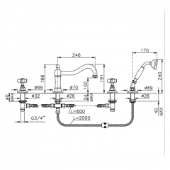 Nicolazzi Dames Anglaises Смеситель для ванны на 4 отверстия, изливом 246мм и ручным душем, цвет: хром