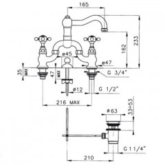 Nicolazzi HALF DOME Смеситель для раковины на 3 отверстия, в комплекте с донным клапаном, цвет Bronze Plated