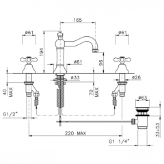 Nicolazzi Nuova Brenta Смеситель для раковины на 3 отверстия, с донным клапаном, излив: 165мм, цвет: хром