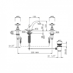 Nicolazzi Forest Смеситель для раковины с 2мя ручками, на 3 отв., с донным клапаном, излив 130мм, цвет: хром