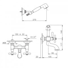 Nicolazzi Nuova Brenta Смеситель для ванны с 2мя ручками, настенный, с душевой лейкой, цвет: Gold Brass