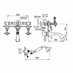 Nicolazzi P.M.Blanc Смеситель для ванны на 2 отверстия, с переключателем ванна/душ, вывод сверху 3/4" (для душ. стойки), ручки белая керамика, цвет: т