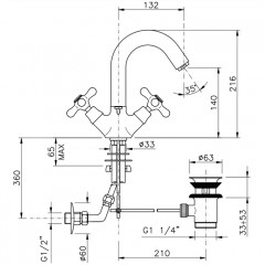 Nicolazzi Nuova Brenta Смеситель для раковины с 2мя ручками, поворотный излив: 132мм, с донным клапаном, цвет: Gold Brass