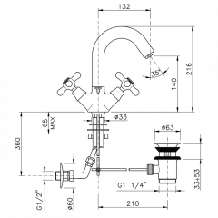 Nicolazzi Nuova Brenta Смеситель для раковины с 2мя ручками, поворотный излив: 132мм, с донным клапаном, цвет: хром