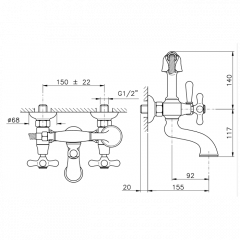 Nicolazzi Nuova Brenta Смеситель для ванны с 2мя ручками, настенный, с душевой лейкой, цвет: хром