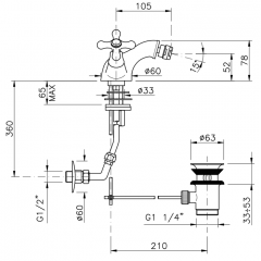 Nicolazzi Nuova Brenta Смеситель для биде на 1 отверстие, излив: 105мм, с донным клапаном, цвет: хром
