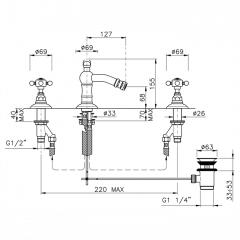 Nicolazzi Half Dome Crystal Смеситель для биде на 3 отверствия с донным клапаном, излив: 127 мм, цвет: хром