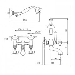 Nicolazzi Dames Anglaises Смеситель настенный для ванны с 2мя ручками, с переключателем ванна/душ, + комплект руч. душа, цвет: Bronze Plated