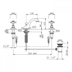 Nicolazzi Half Dome Crystal Смеситель для раковины с автоматическим сливом на 3 отверстия, излив: 130 мм, цвет: Gold Brass