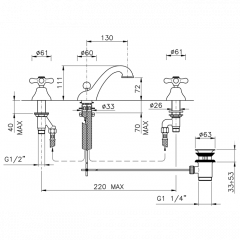 Nicolazzi Nuova Brenta Смеситель для раковины на 3 отверстия, с донным клапаном, излив: 130мм, цвет: хром